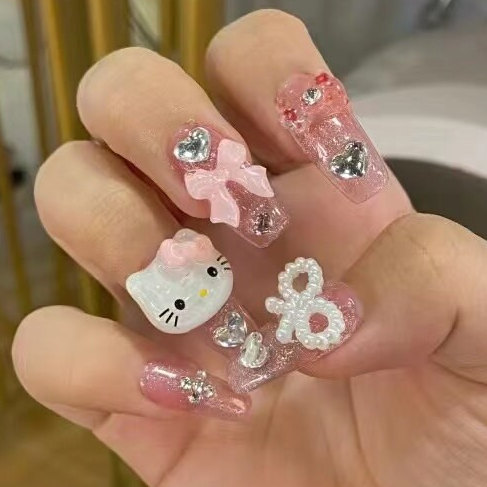 Pink Kawaii Kittty Press On Nails with Bow Charm, Pearl and Rhinestone Heart Charms/Princess nails/Y2K nails #46