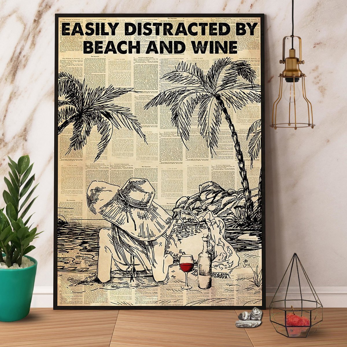 Beach Girl Easily Distracted By Beach And Wine Vintage Poster No Frame