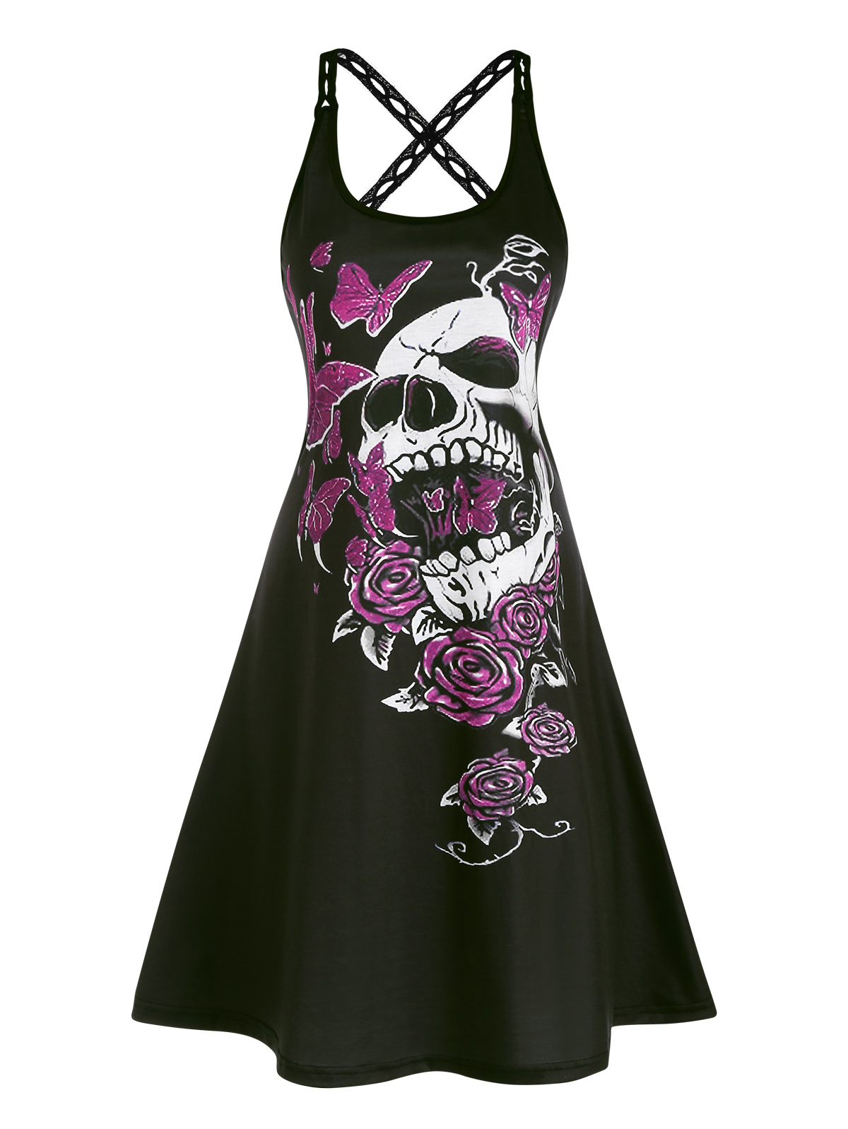 Women’s Crisscross Crewl Neck Gothic Lace Up Print Skull Sleeveless Blackless Swing Cocktail Midi Party Y2K Cosplsay Dress alx