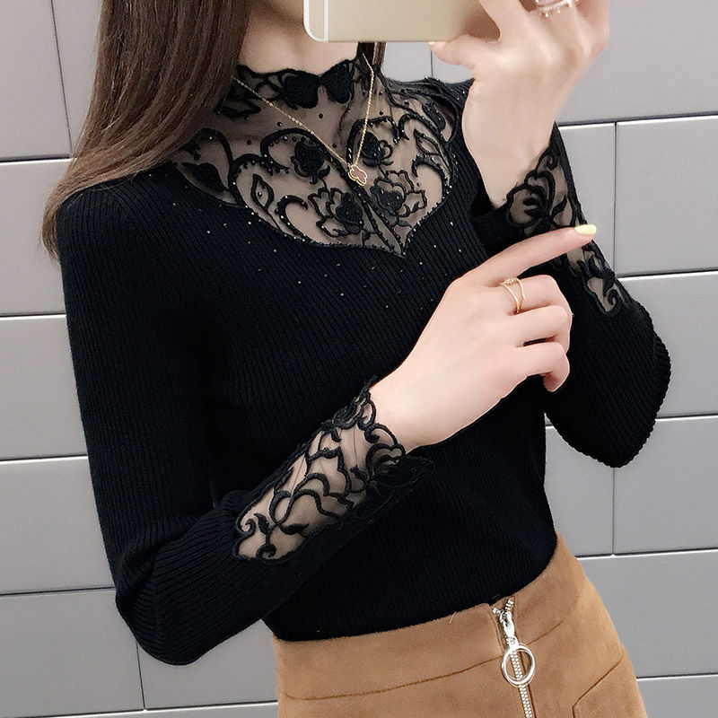 Woman Sweaters Chandails Knitwear Slim T-shirt Women’s Fall Winter Fashion Outer Wear Lace Collar Trendy Long Sleeve Top alx