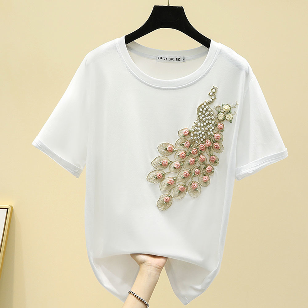 100KG Embroidery Floral Cotton Short Sleeve T Shirt Women O-Neck White Tee Shirt Femme Loose White Black Tops 2022 Summer 4XL alx