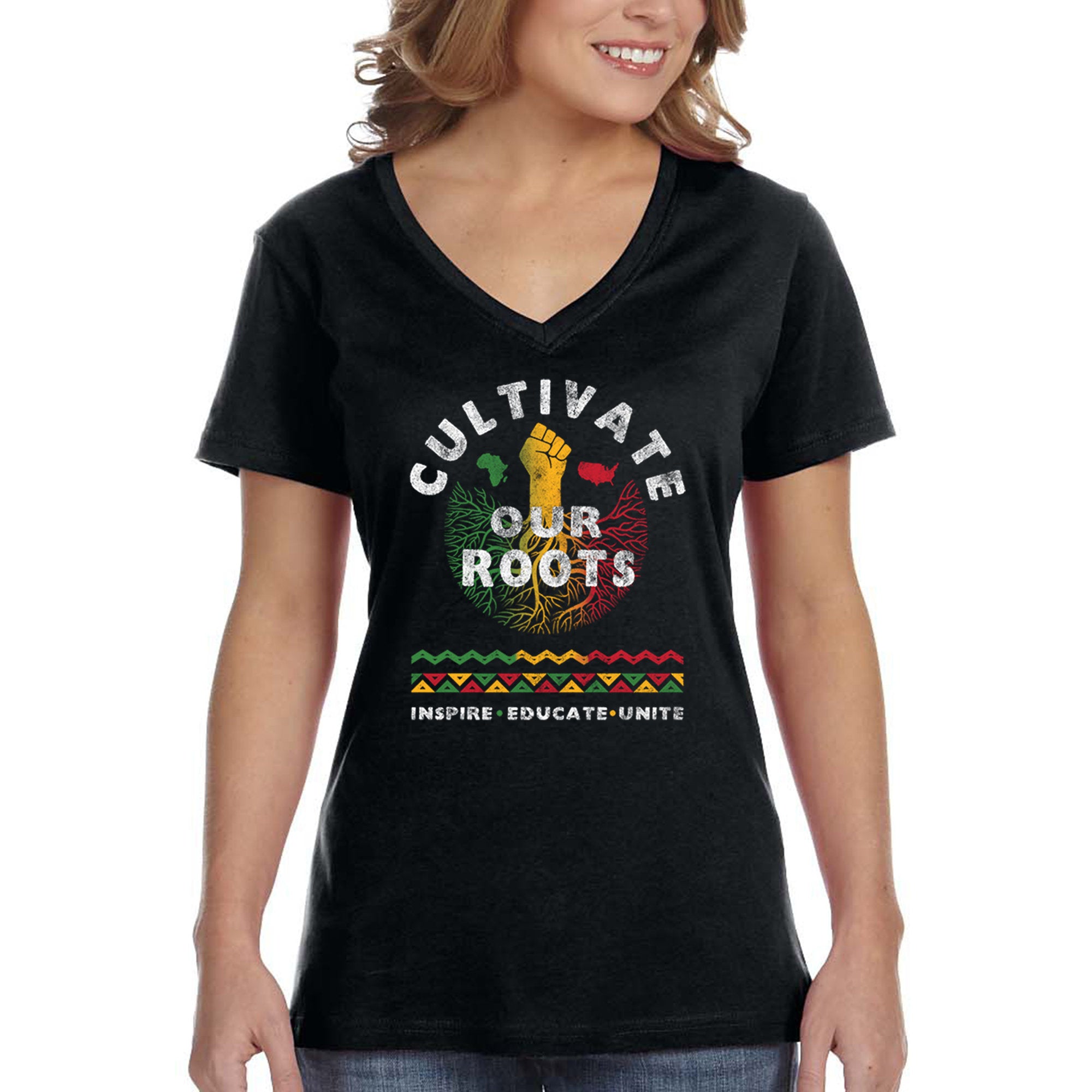 Xtrafly Apparel Women’S Cultivate Our Roots African Heritage Africa Roots Black Is Beautiful Lives Matter Blm Pride Rasta V-Neck T-Shirt