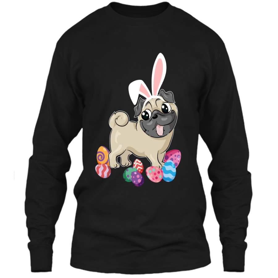 Cute Pug Dog With Bunny Hat Easter Eggs T-Shirt Happy LS Ultra Cotton Tshirt