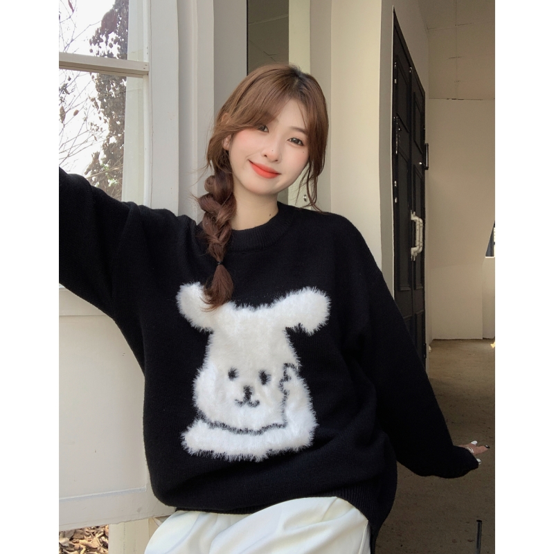 Women Black Sweater Round Neck Cartoon Fashion Vintage Leisure Lazy Wind Loose Autumn Female Thicken Warm Knitting Pullover alx