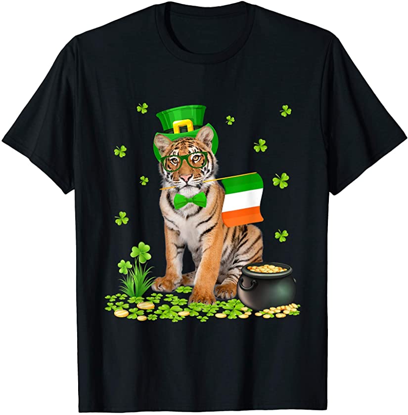 Tiger St Patricks Day Leprechaun Hat Irish Flag Ireland T-Shirt