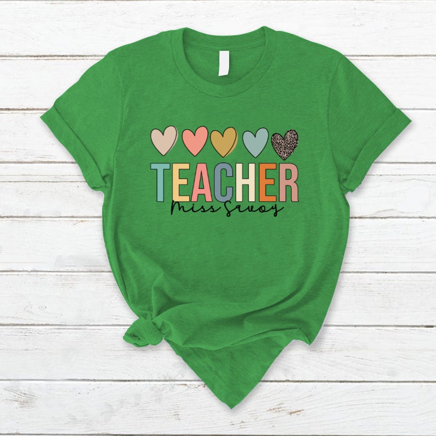 Personalized T-Shirt For Teacher Appreciation Leopard Colorful Hearts Custom Name Shirt Gifts For Back To School