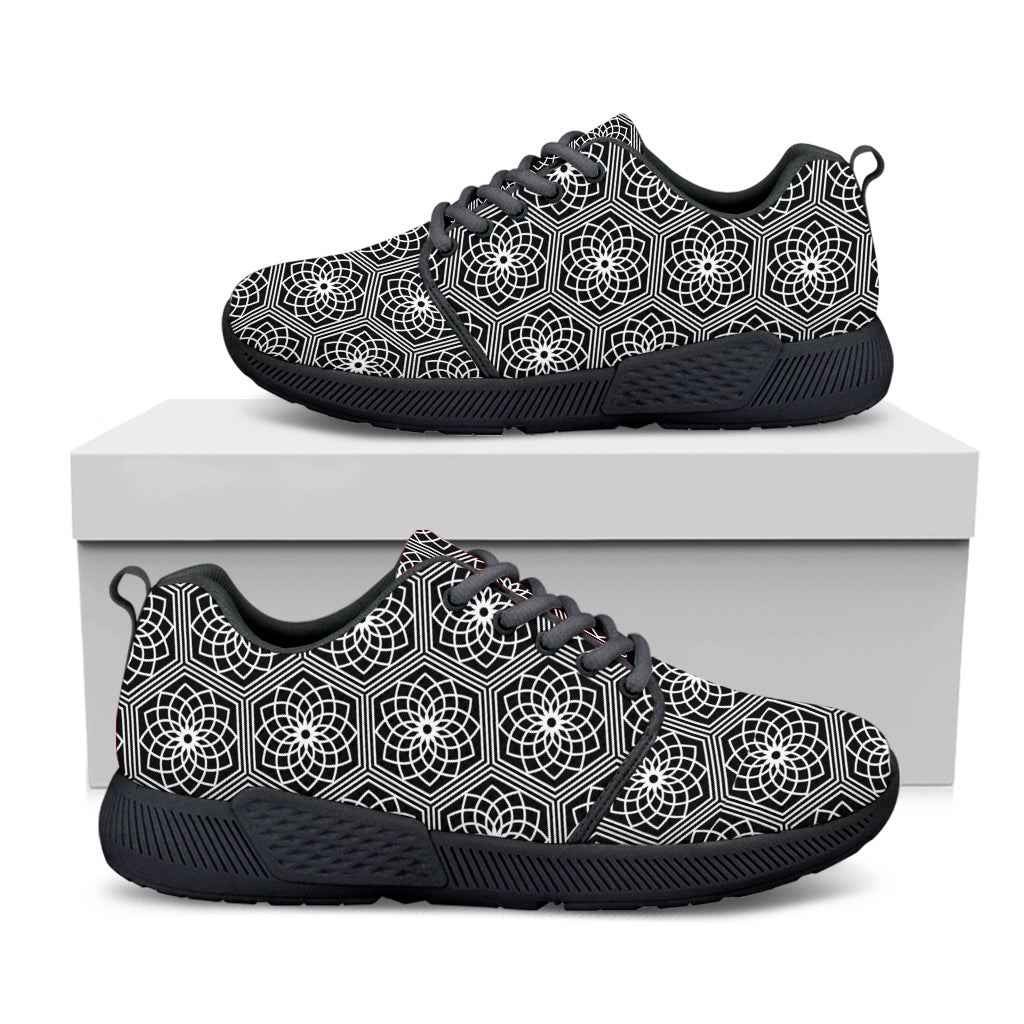 White And Black Lotus Pattern Print Black Athletic Shoes