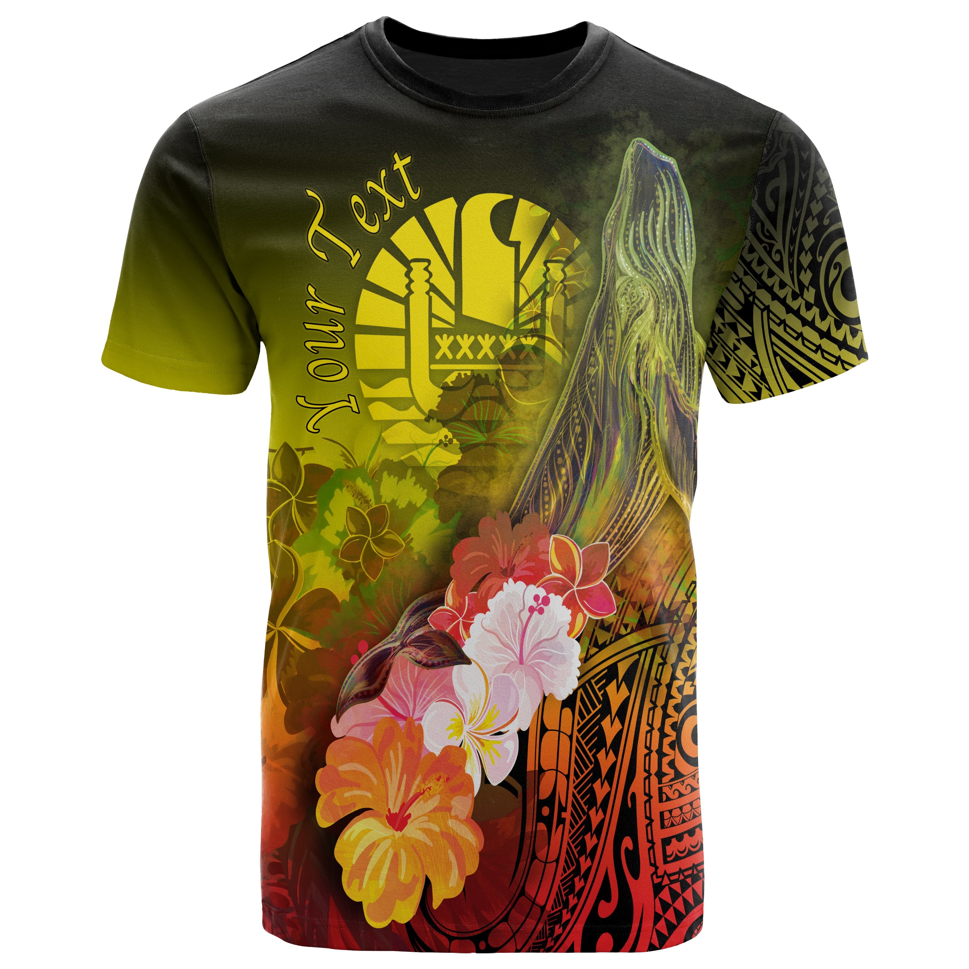 Tahiti Custom Personalised T-Shirts – Humpback Whale With Tropical Flowers (Yellow)