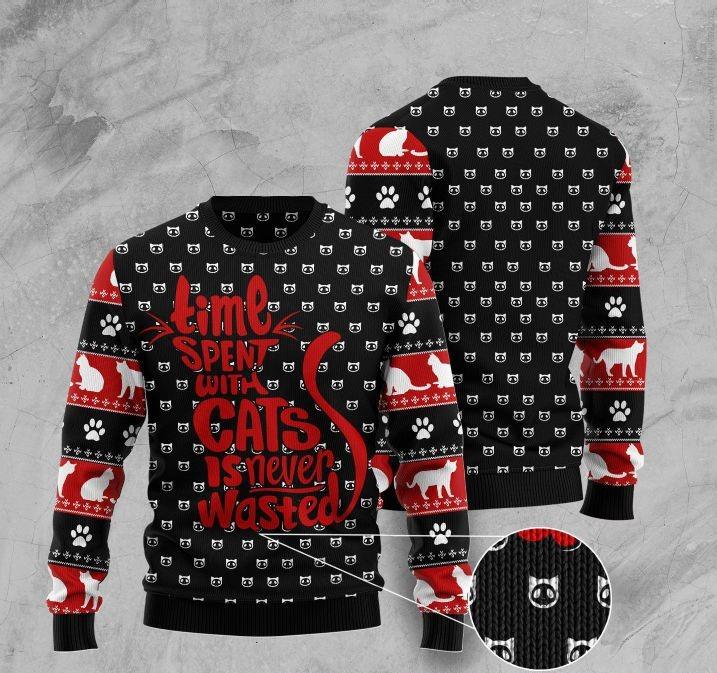 Time Spent With Cats Is Never Wasted Ugly Christmas Sweater | For Men & Women | Adult | Us5631