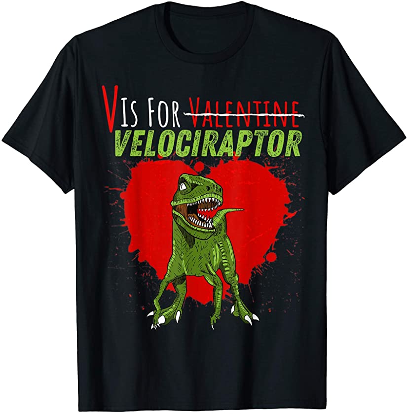 V Is For Valentine Velociraptor Funny Boys, Kids Dinosaur T-Shirt