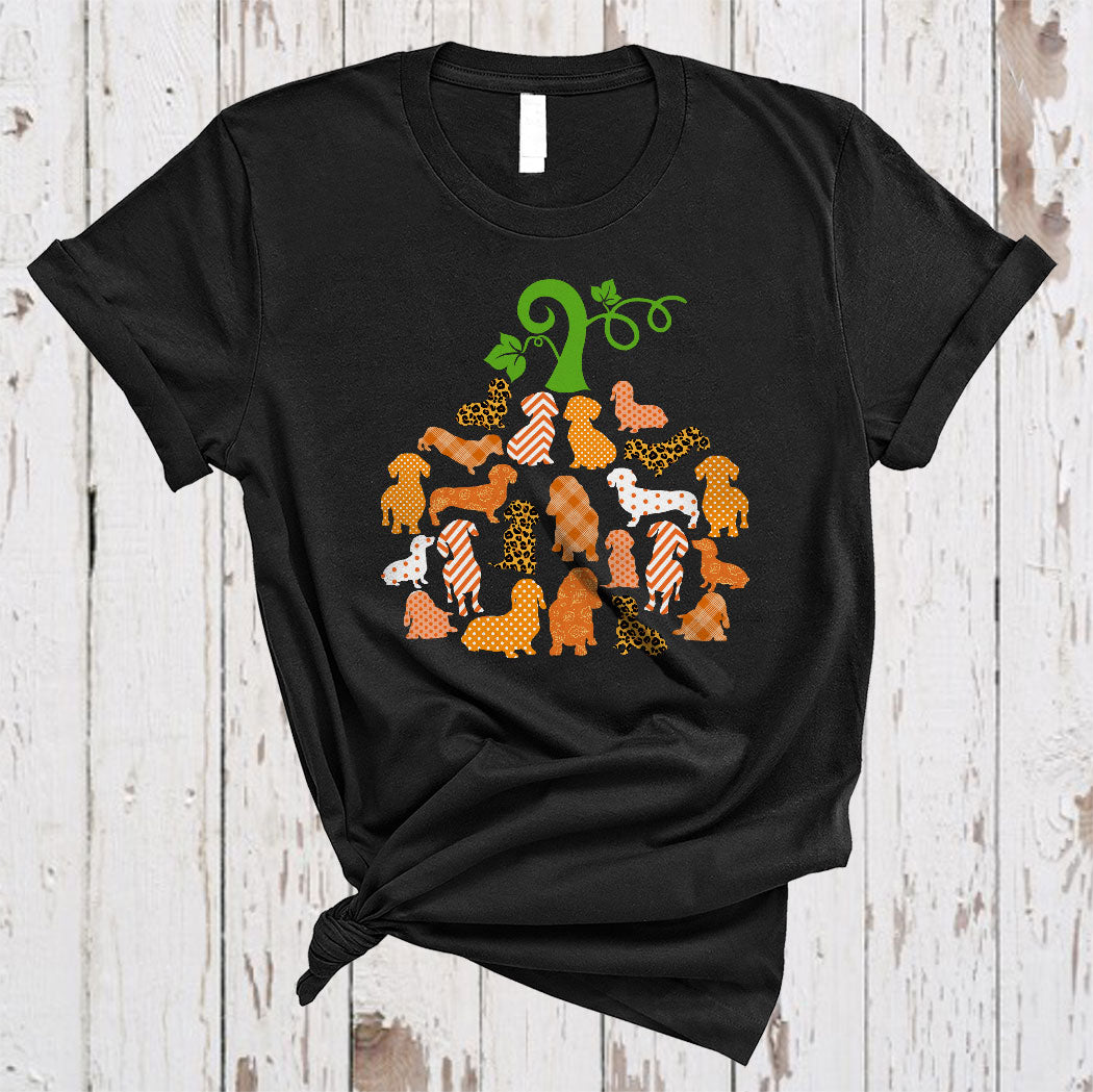 Cute Dachshund Pumpkin Shape Cool Thanksgiving Halloween Dog Plaid Leopard Pumpkin T-Shirt