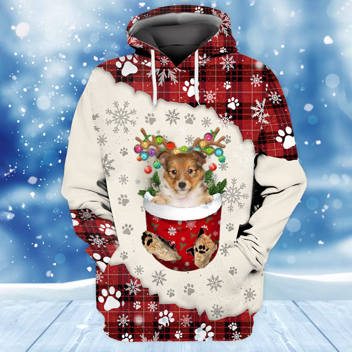 Shetland Sheepdog In Snow Pocket Merry Christmas Unisex Hoodie