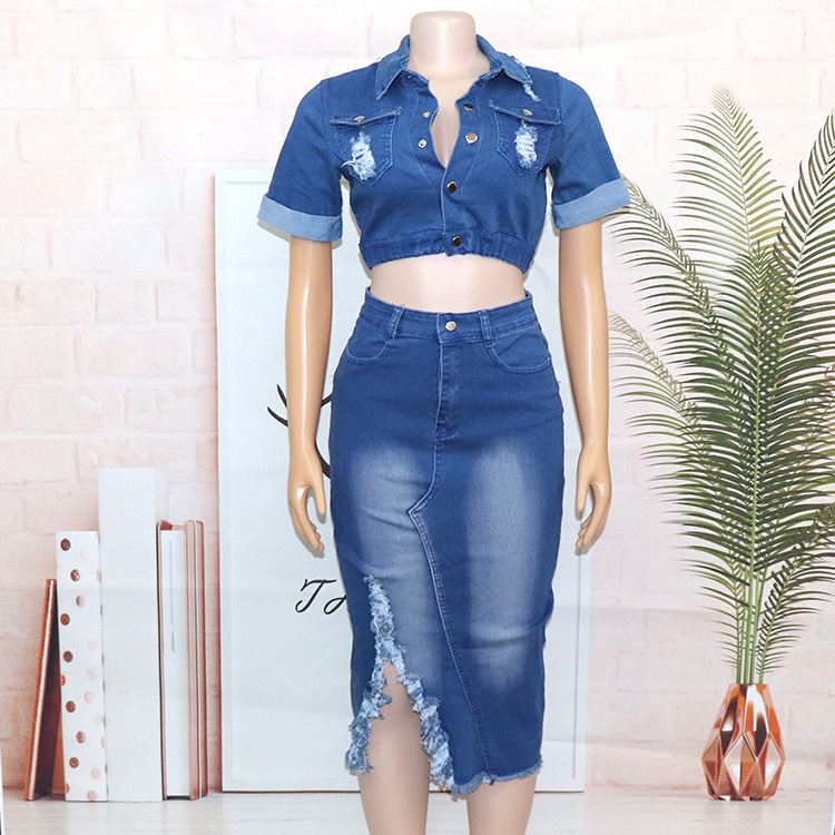 African Clothing Washed Denim Skirt And Shirt Tops Matching Sets Women Sexy Fashion Jeans Skirt Two Piece Set Outfits Streetwear alx