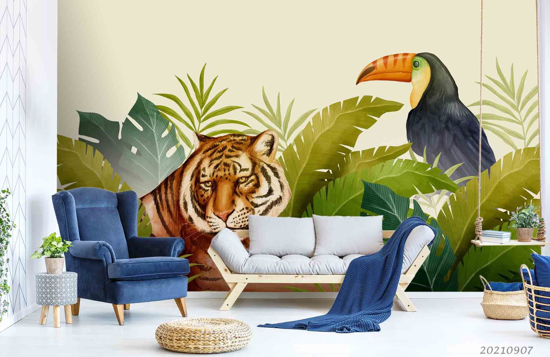 3D Tropical Green Leaf Bird Tiger Wall Mural Wallpaper Lqh 270