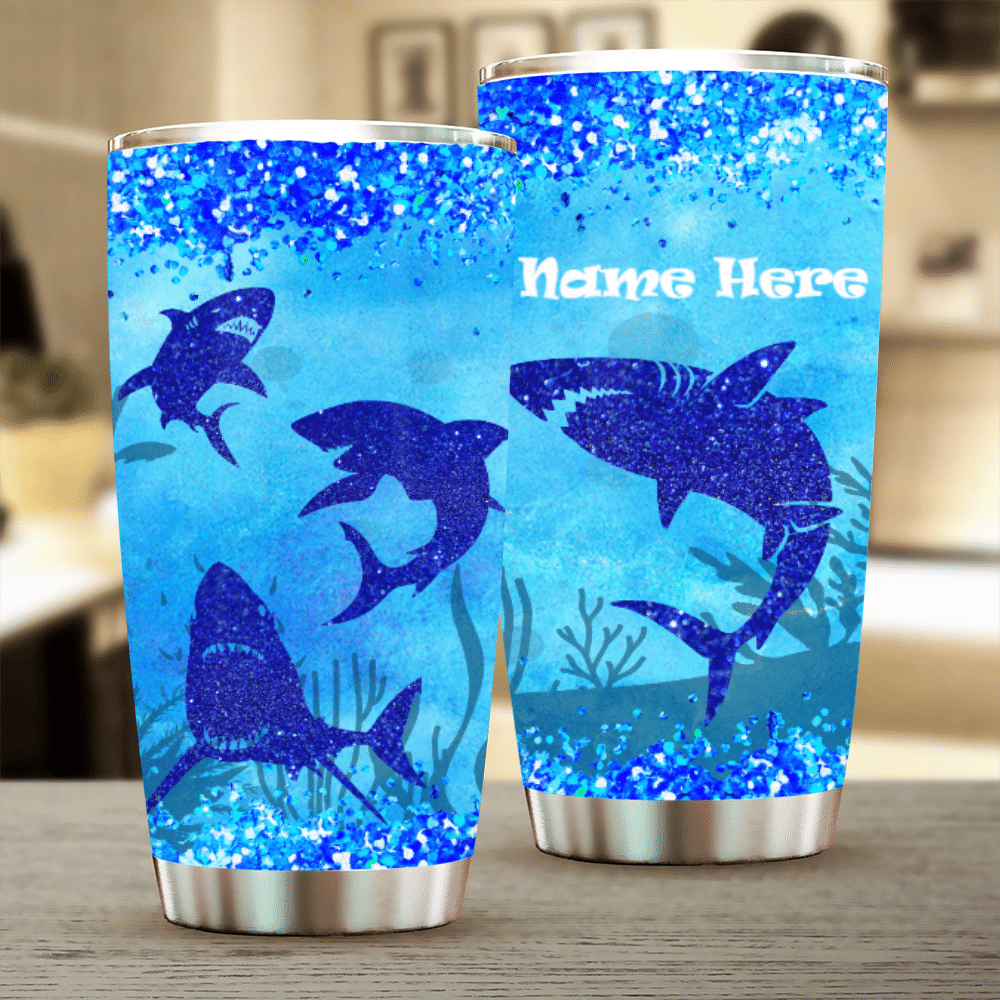 3d Sharks Blue Glitter Custom Name Stainless Steel Tumbler