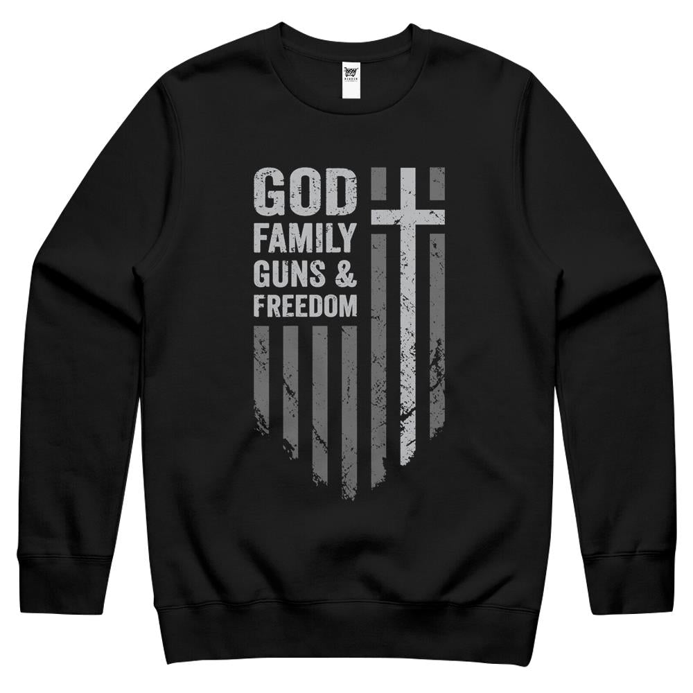 God Family Guns & Freedom – Usa Cross Flag Pro Gun Crewneck Sweatshirt