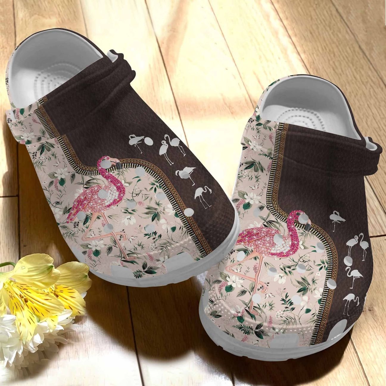 Flamingo Personalize Clog, Custom Name, Text, Fashion Style For Women, Men, Kid, Print 3D Whitesole Sparkle Flamingo