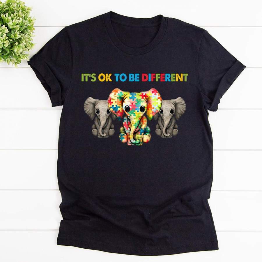 Autism elephant it’s ok to be different black cotton t shirt for men and women S-6XL