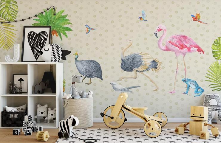 3D Hand Drawn Animal Flamingo Ostrich Wall Mural Wallpaper Lqh 419