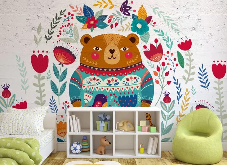 3D Hand Drawn Animal Bear Floral Wall Mural Wallpaper Lqh 455