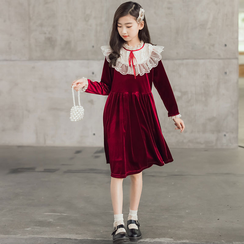 Autumn Winter Girls Dress Black Red Velvet A-line Princess Dresses Costume for Children Lace Neck Elegant Teen Kids Party Gowns alx