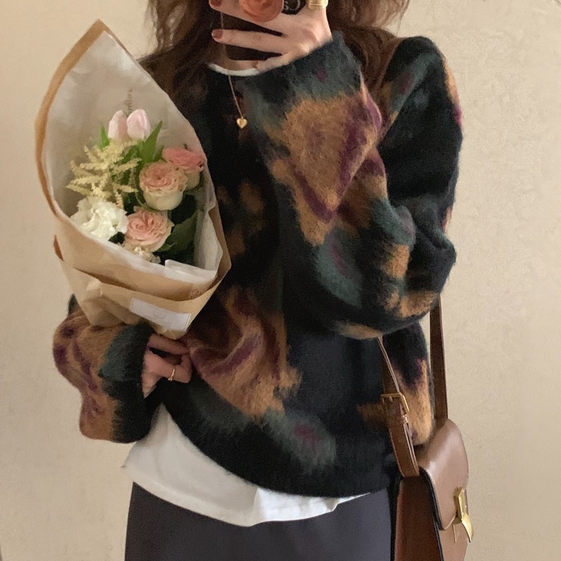 Vintage Contrast Gradient Tie Dye Sweater Sueter Mujer Jumper Knit Coat Pullover Oversized Sweaters for Women Print alx