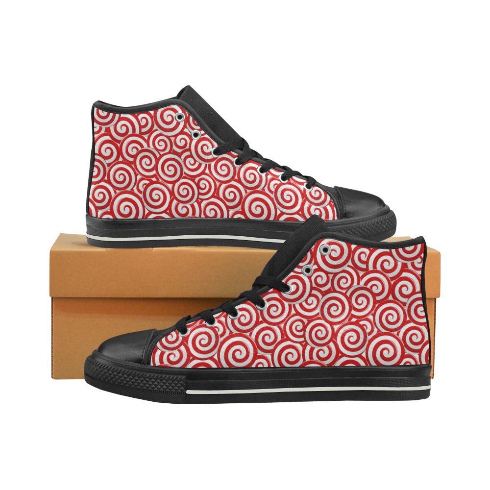 Red and White Candy Spiral Lollipops Pattern Men’s High Top Shoes Black