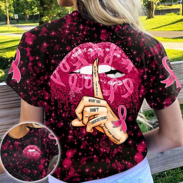 Don’T Judge What You Don’T Understand Breast Cancer Awareness Shut Up Lips And Hand Sign Breast Cancer 3D Clothes