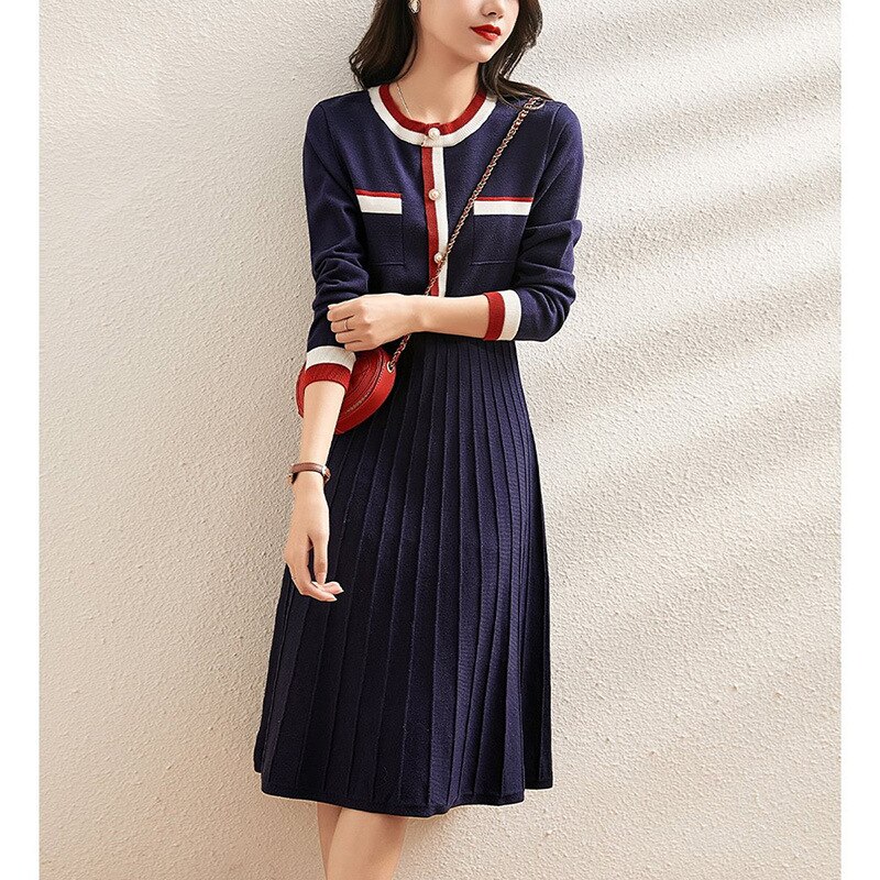 Autumn and Winter Waist Slimming Cover Belly Navy Blue Mid-length Bottoming Skirt 2022 New Small Fragrant Knitted Dress A-LINE alx