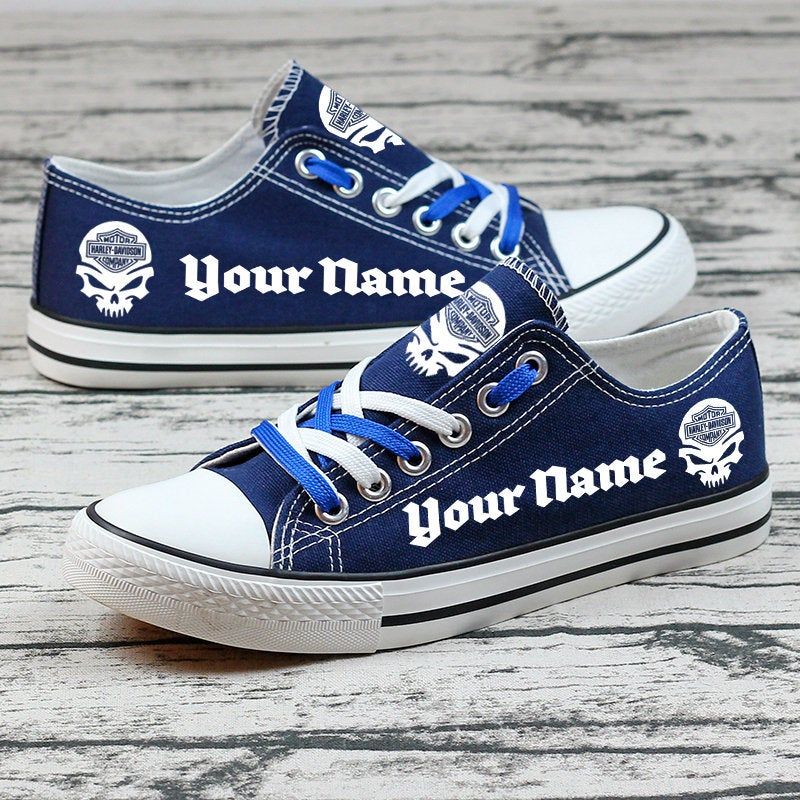 Skull Harley Davidson Personalized Custom Name Glow In Dark Blue Low Top Shoes, Harley Low Top, Custom Shoes, Birthday Gift Motorcycle Shoes