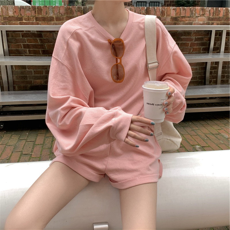 Women Pajama Sets Loose Long Sleeve Pullover Tops and Shorts Pink Sweet Casual Sleepwear Home Lounge Wear Vintage Retro Chic Ins alx