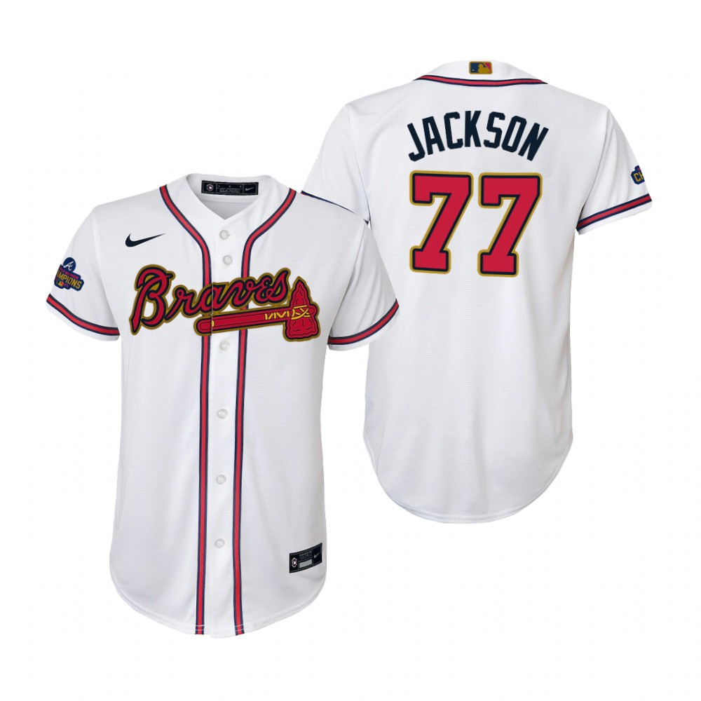 Youth Luke Jackson 77 Jersey, Atlanta Braves White 2022-23 Gold Program Jersey