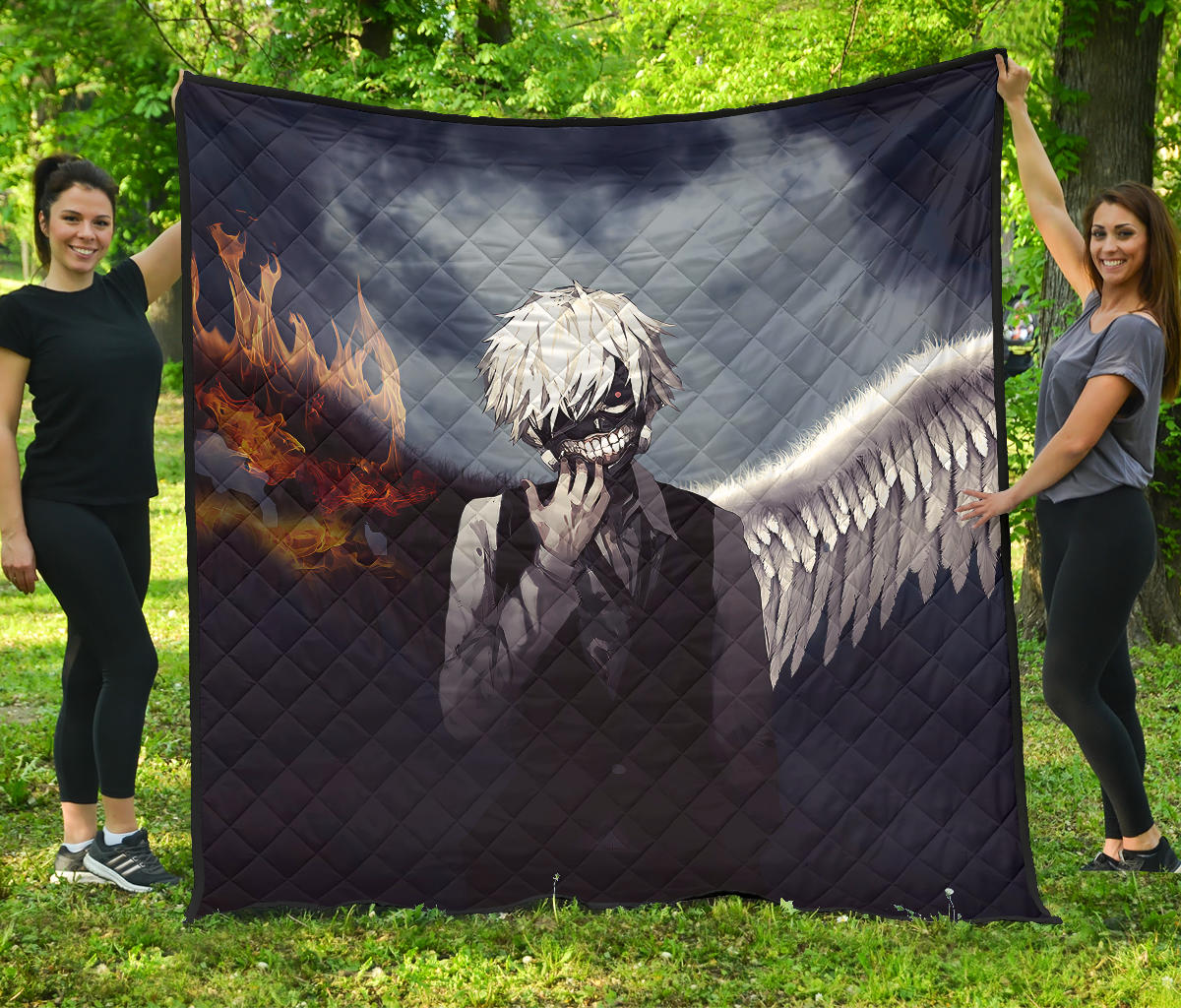 Tokyo Ghoul Anime Premium Quilt – Ken Kaneki Death Angel Flaming Black And White Wings Quilt Blanket