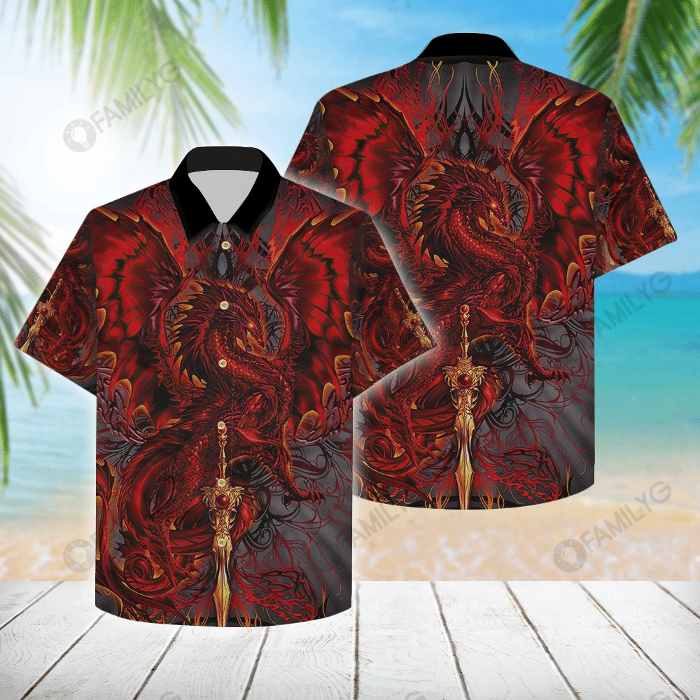 Dnd Hawaii Shirt Fire Dragon Sword Red Grey Aloha Ha81561