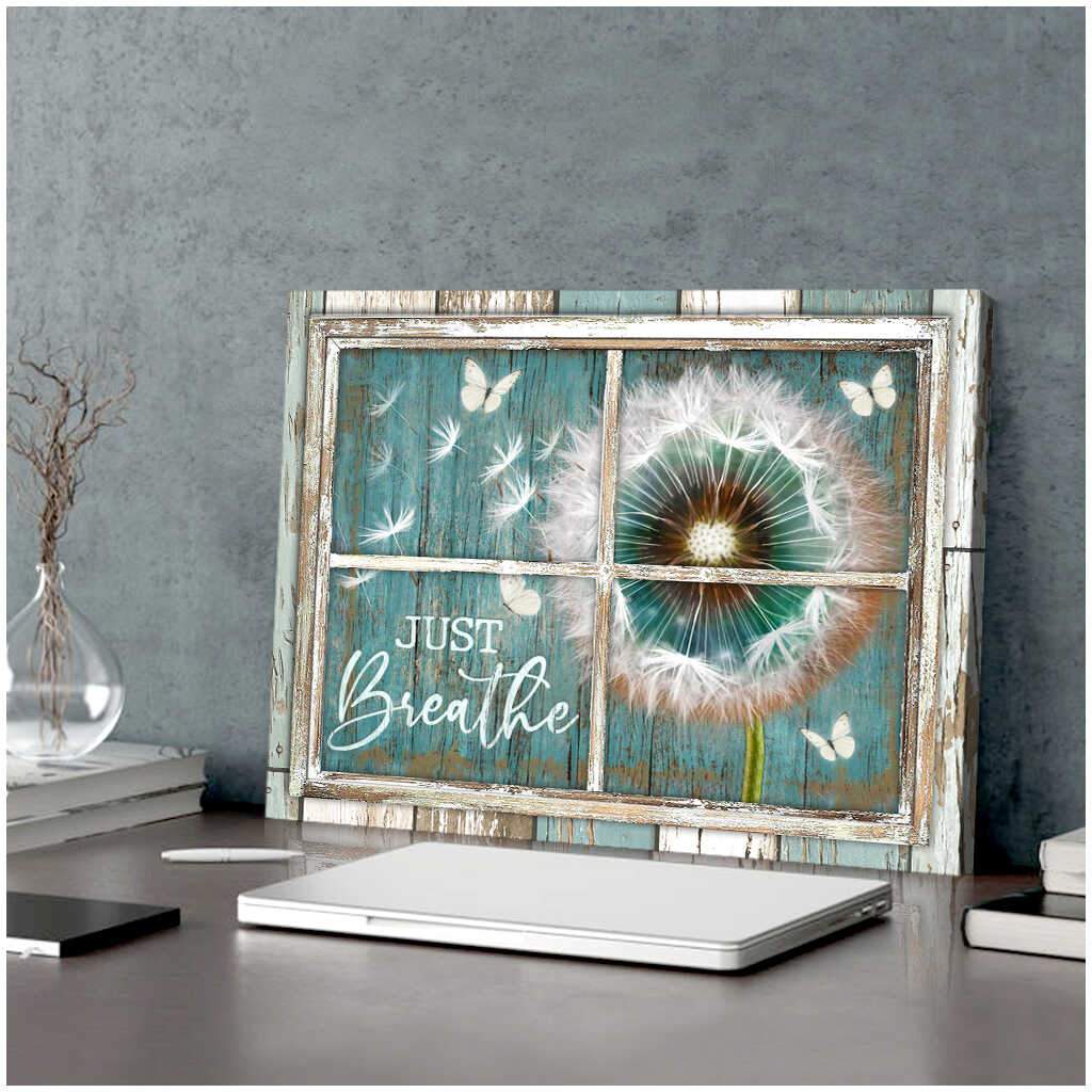 Vintage Wood Window Dandelion And Butterlies Just Breathe Farmhouse Poster Print, Canvas Wall Decor