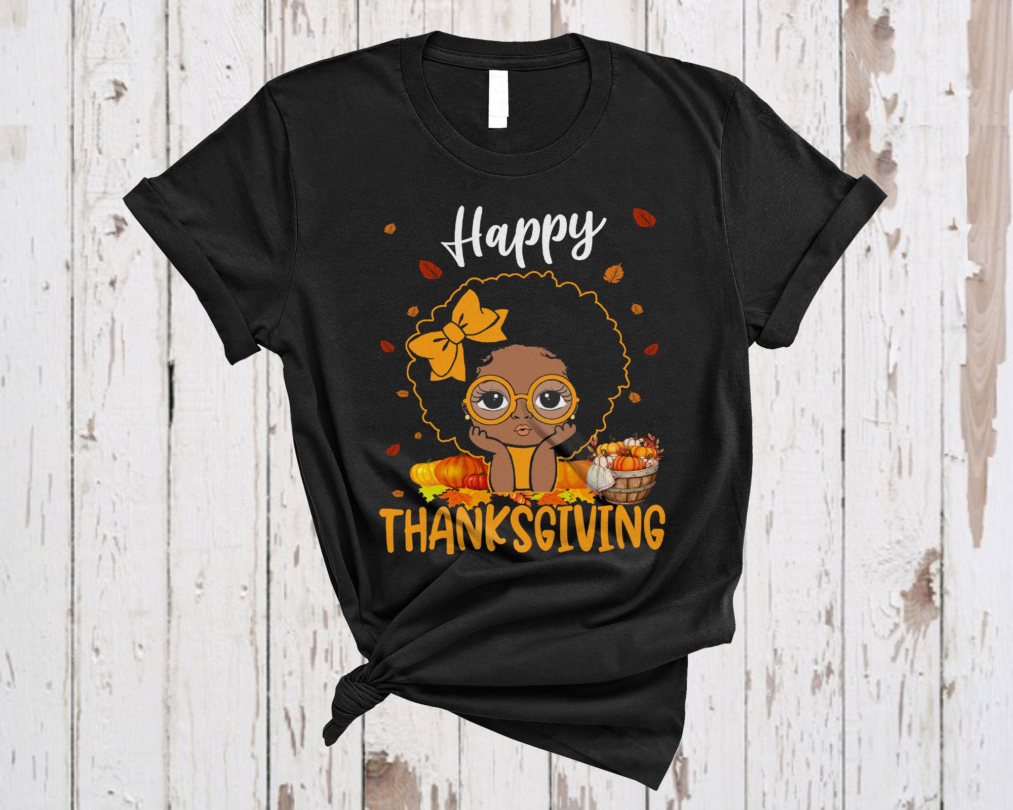 Happy Thanksgiving Cute Thanksgiving Black Afro Melanin Kids Girls Pumpkin Autumn T-Shirt