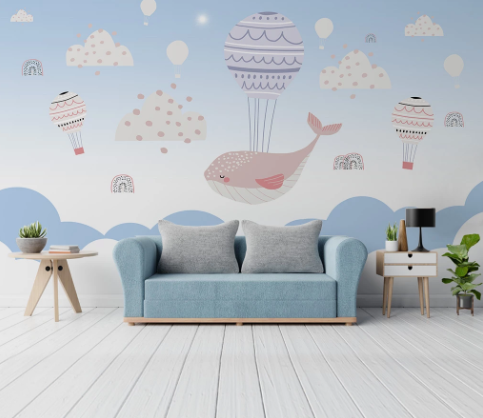 3D Cartoon Dolphin Sky Hot Air Balloon Wall Mural Wallpaper Lqh 15