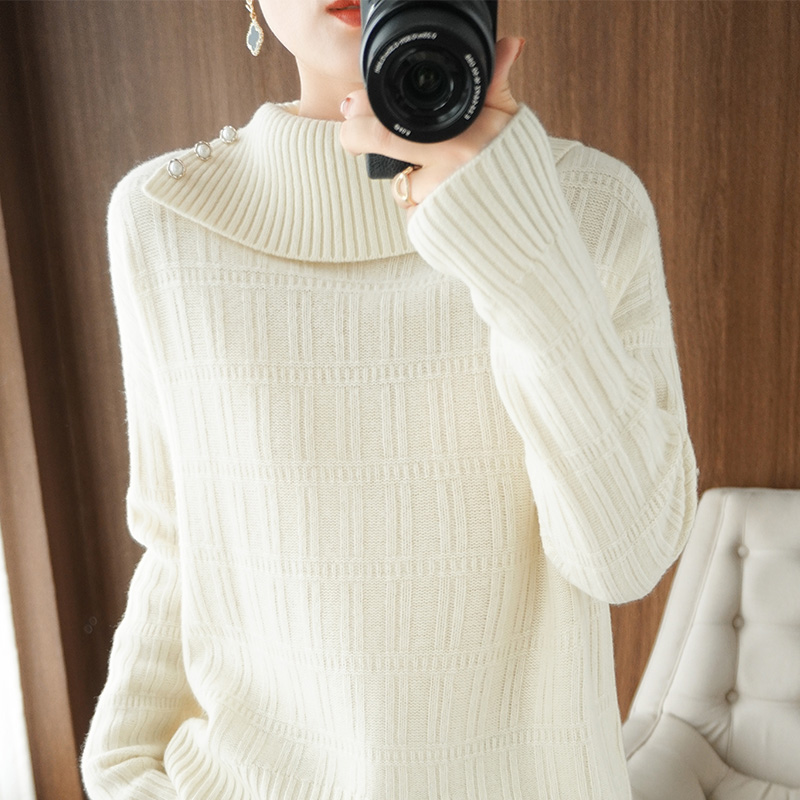 Autumn/Winter New 100%Cashmere Sweater Lapel Women Loose Large Size Pullovers Warm High-Neck Thick Base Shirt Knit Female Tops alx