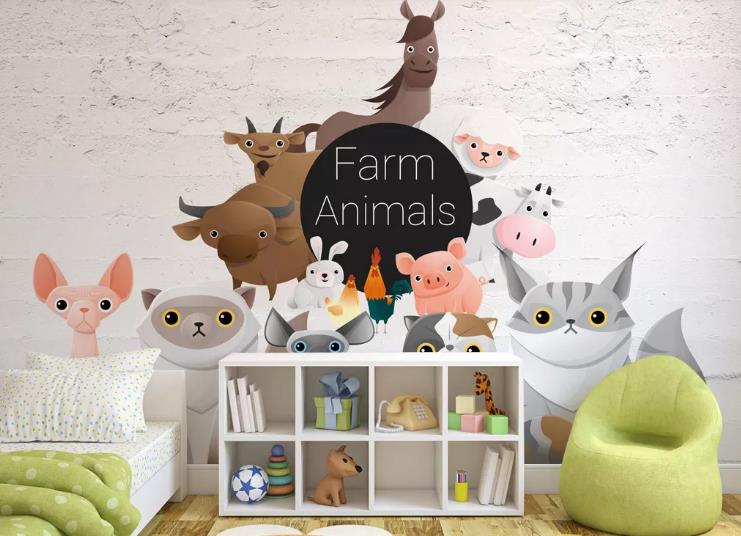 3D Hand Drawn Farm Animals Wall Mural Wallpaper Lqh 491