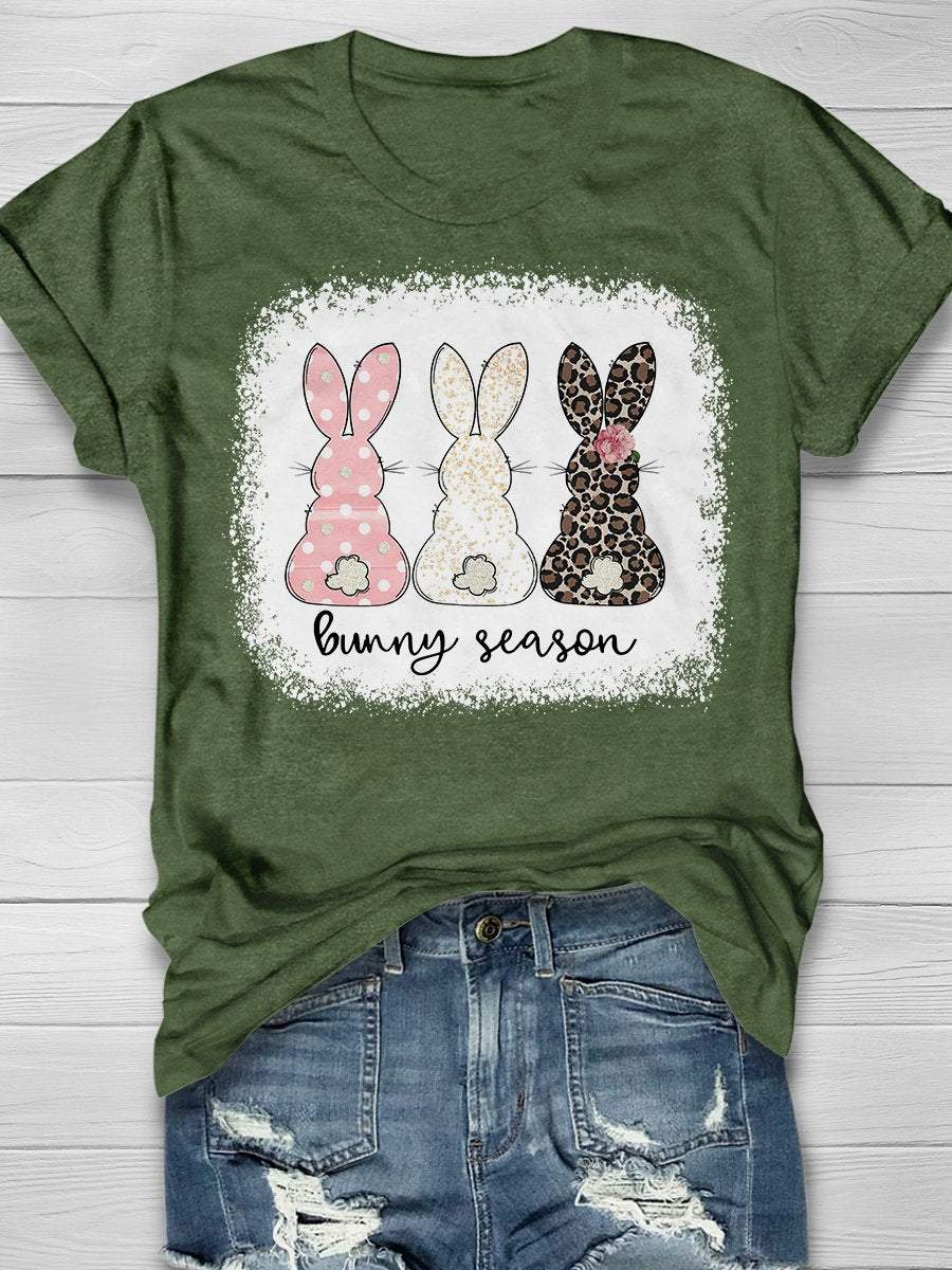 Leopard Floral Bunny Easter Print Short Sleeve T-Shirt