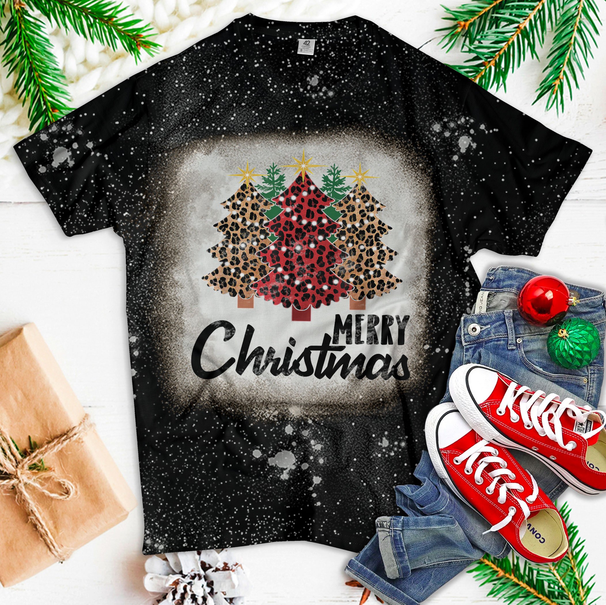 Cute Merry Christmas Leopard Print Tree Christmas Xmas Bleached T Shirt For Men Women