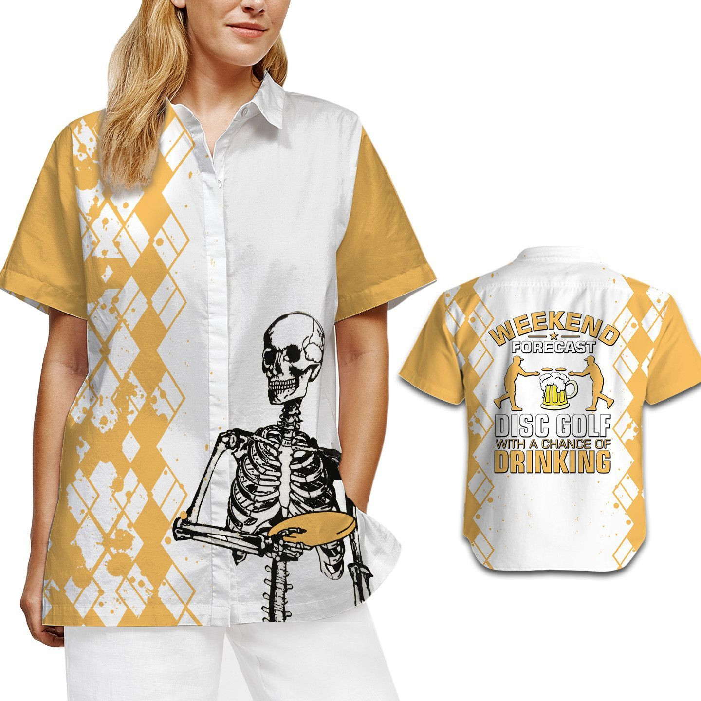 Weekend Forecast Disc Golf With A Chance Of Drinking Skeleton Women Hawaiian Shirt For Sport And Beer Lovers – Gift For Beer Lovers