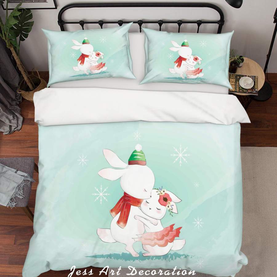 3D Green Snowflake Rabbit Quilt Cover Set Bedding Set Duvet Cover Pillowcases SF62