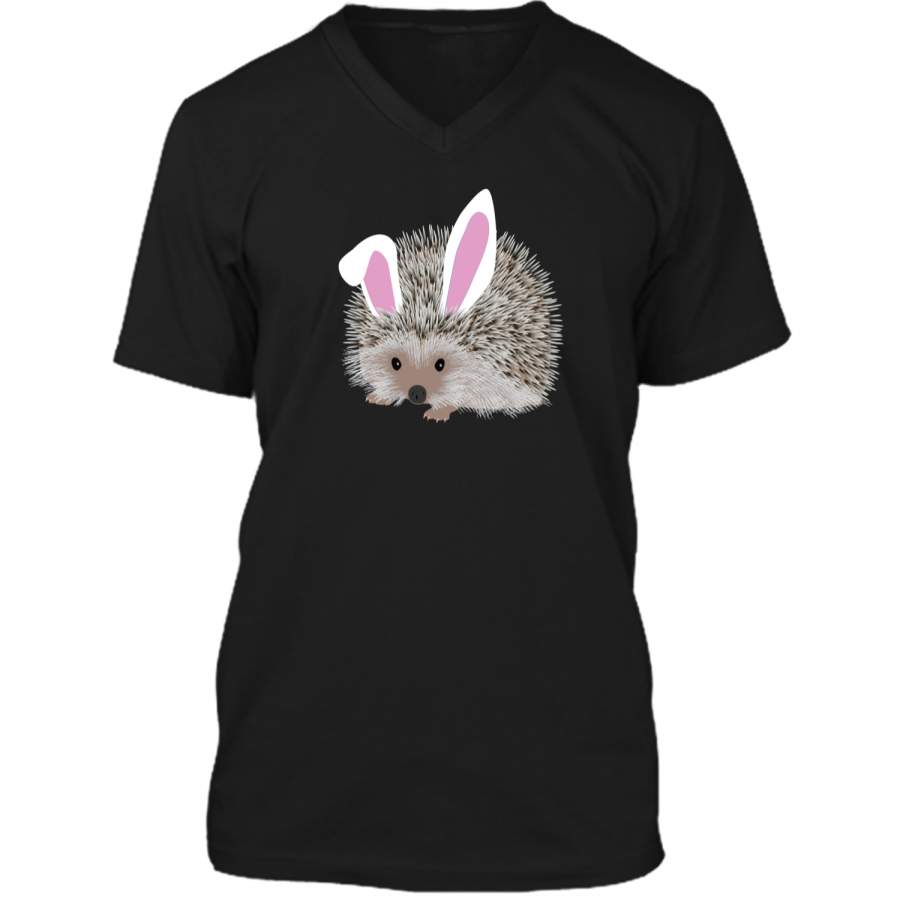 Cute and Funny Hedgehog Easter Bunny Ears Graphic T-Shirt Mens Printed V-Neck T