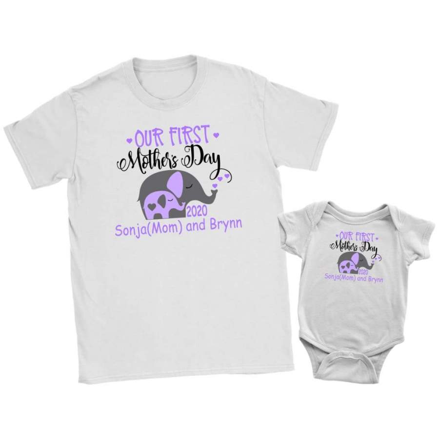 Sonja C 	Personalizable Our First Mothers Day Shirt Set Elephants