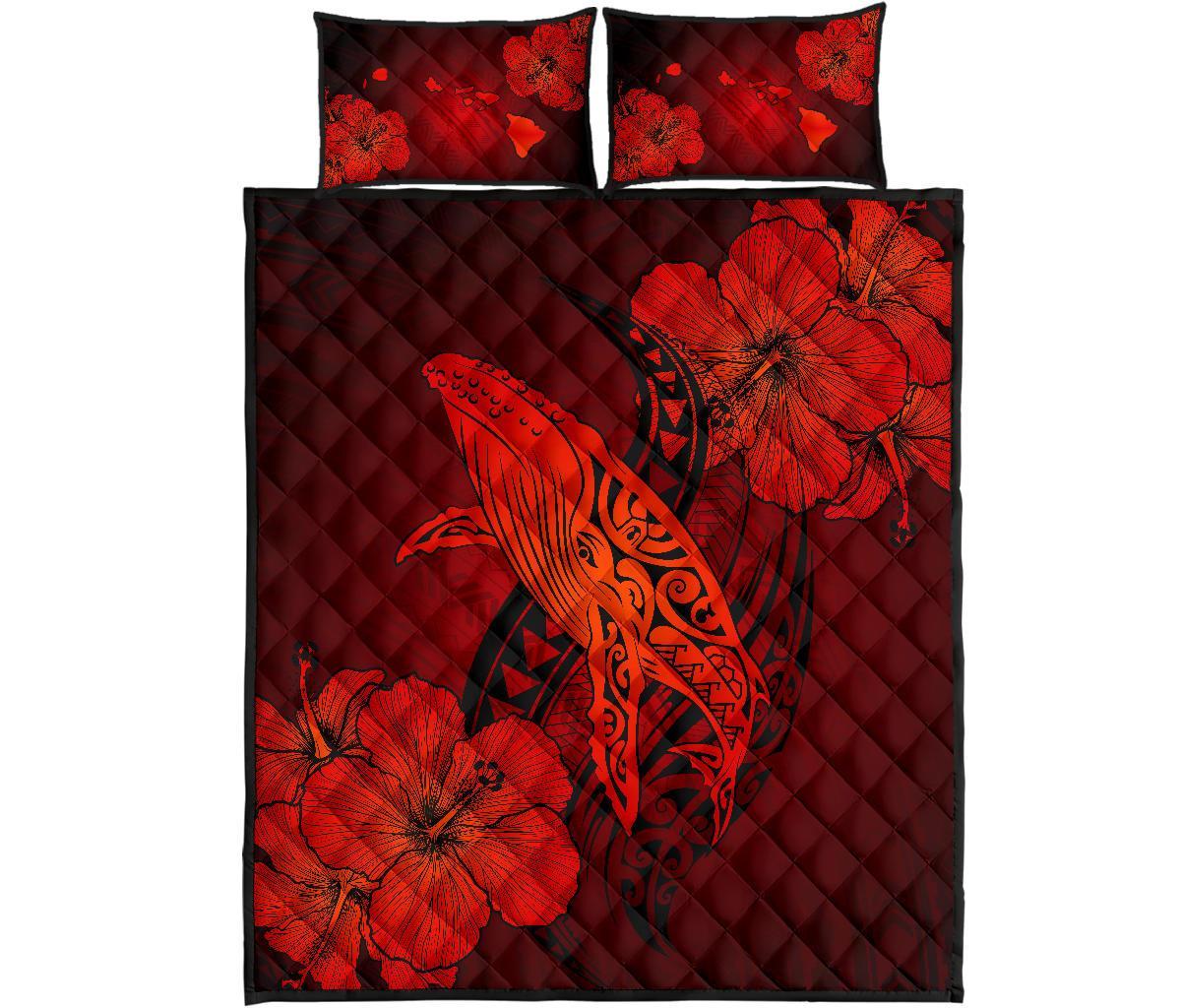 Hawaiian Whale Swim Hibiscus Polynesian Quilt Bedding Set – Red