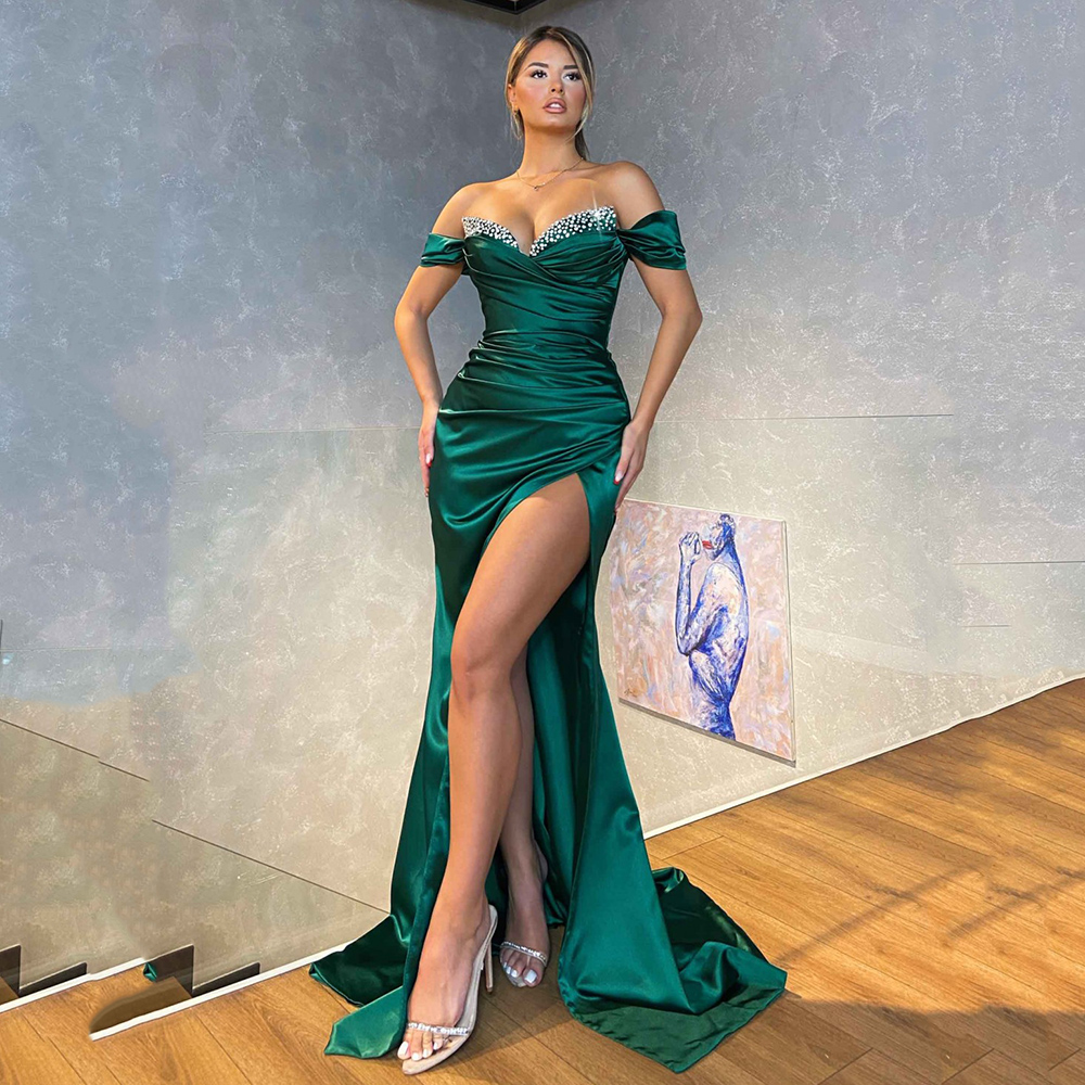 Yipeisha Emerald Green Evening Dresses Off-shoulder Satin Side Split Mermaid Party Dress Long Beaded Formal Banquet Prom Gown alx