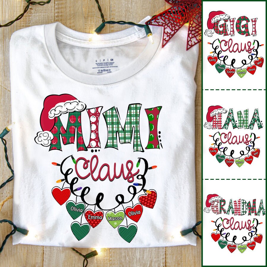 Personalized Xmas Mimi Claus T Shirt, Christmas Grandma Nana Mimi Shirt Custom Kidnames, Mimi Lights Custom Names for Xmas 2022