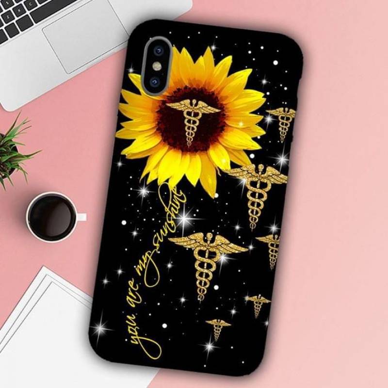 You Are My Sunshine Blooming Yellow Sunflower Caduceus Hermes’ Staff Twinkle Stars Herald’S Wand Beautiful Gift For Doctors And Nurses Black Phone Case