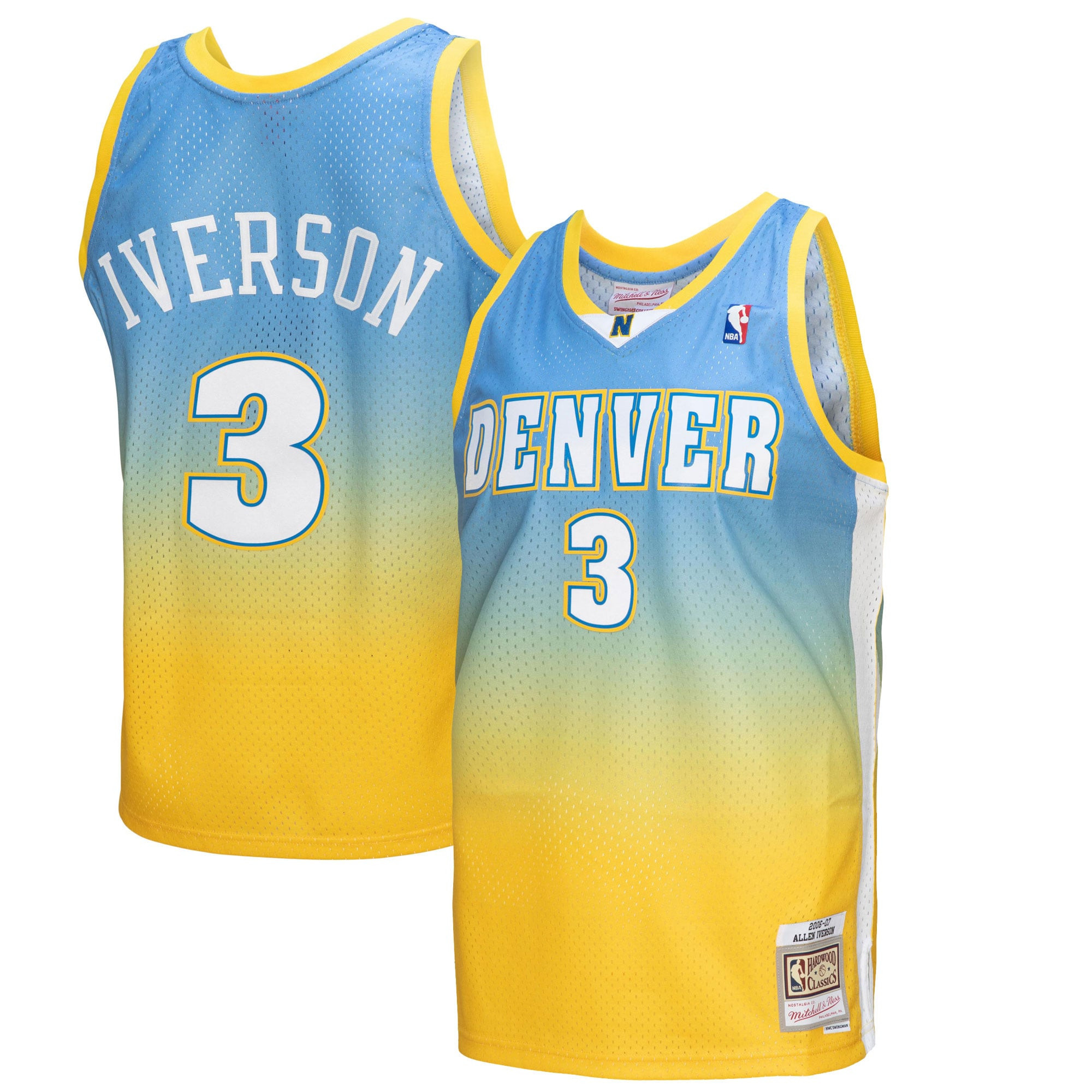 Allen Iverson Denver Nuggets Mitchell & Ness 2006/07 Hardwood Classics Fadeaway Swingman Player Jersey – Yellow/blue NBA